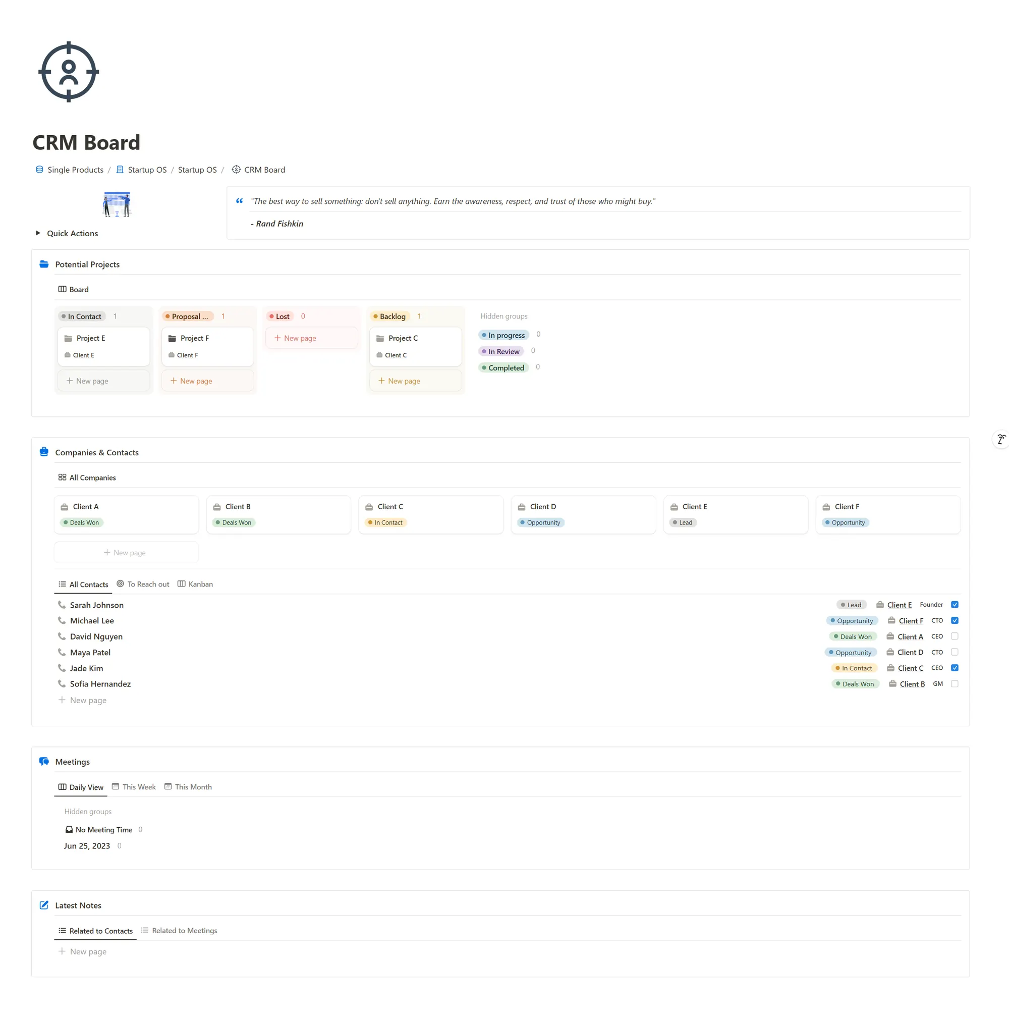 Notion Startup OS CRM board